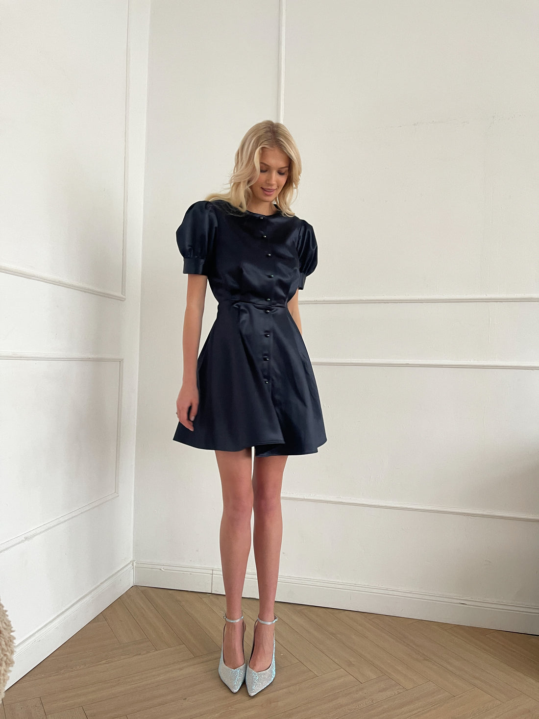 Satin Puff-Sleeve Black Mini Dress