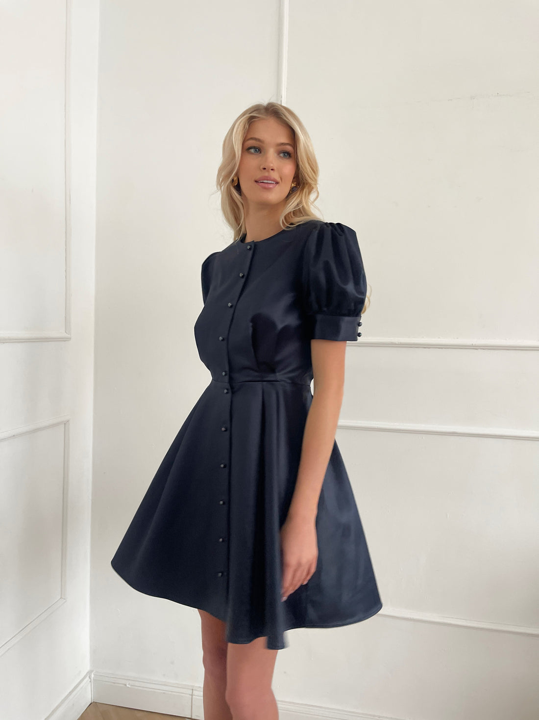 Satin Puff-Sleeve Black Mini Dress