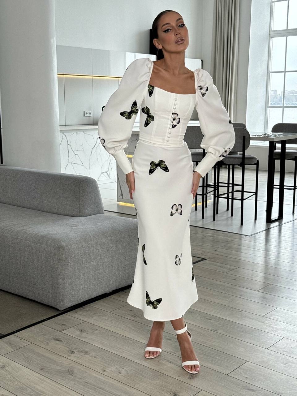 Midi Butterfly White Silky Dress