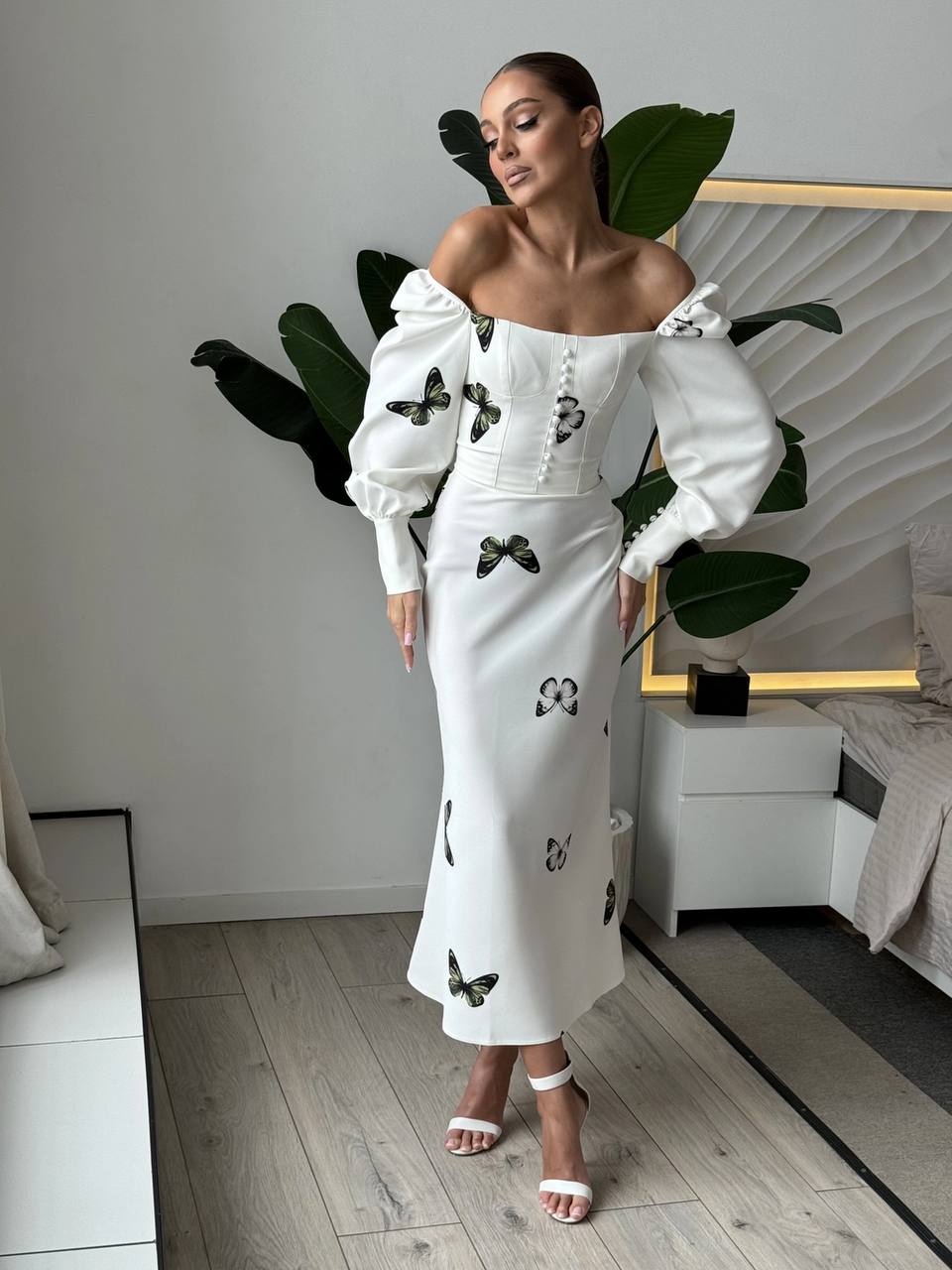 Midi Butterfly White Silky Dress